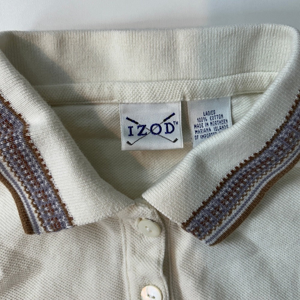 IZOD Vintage Sleeveless Polo Shirt Cream White Cotton Pique Knit Trim Womens